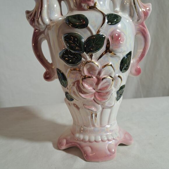 Delicate Hand Painted Porcelain Floral Vase Handles Gold with Pearlized Finish - Picture 4 of 6